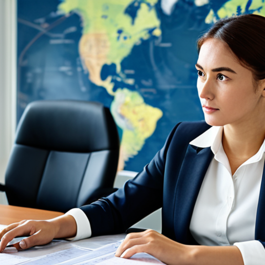 A focused professional businesswoman in a dark, tailored business suit and crisp white shirt, seated at a large, modern desk in a well-lit, spacious office. The desk is covered with international trade documents, a globe, and a tablet displaying complex charts and diagrams of global supply chains and regulations. A softly blurred world map mural is visible in the background, subtly indicating global reach. Her expression is deeply concentrated, with a slight furrow in her brow, indicating intricate detail work. Her posture is natural and composed. Professional photography, high resolution, soft lighting, natural colors, realistic. fully clothed, modest clothing, appropriate attire, professional dress, safe for work, appropriate content, perfect anatomy, correct proportions, natural pose, well-formed hands, proper finger count.