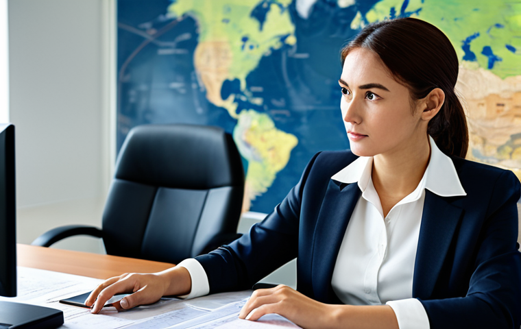 A focused professional businesswoman in a dark, tailored business suit and crisp white shirt, seated at a large, modern desk in a well-lit, spacious office. The desk is covered with international trade documents, a globe, and a tablet displaying complex charts and diagrams of global supply chains and regulations. A softly blurred world map mural is visible in the background, subtly indicating global reach. Her expression is deeply concentrated, with a slight furrow in her brow, indicating intricate detail work. Her posture is natural and composed. Professional photography, high resolution, soft lighting, natural colors, realistic. fully clothed, modest clothing, appropriate attire, professional dress, safe for work, appropriate content, perfect anatomy, correct proportions, natural pose, well-formed hands, proper finger count.