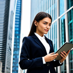 **

A professional businesswoman in a modest business suit, standing confidently in front of a modern skyscraper in a bustling city. She is fully clothed in appropriate attire, holding a tablet. Safe for work, perfect anatomy, natural proportions, professional photography, high quality, family-friendly.

**