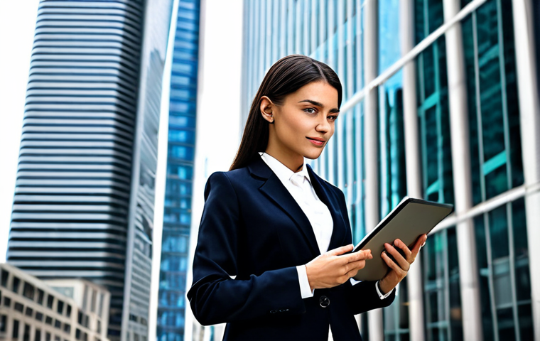 **

A professional businesswoman in a modest business suit, standing confidently in front of a modern skyscraper in a bustling city. She is fully clothed in appropriate attire, holding a tablet. Safe for work, perfect anatomy, natural proportions, professional photography, high quality, family-friendly.

**