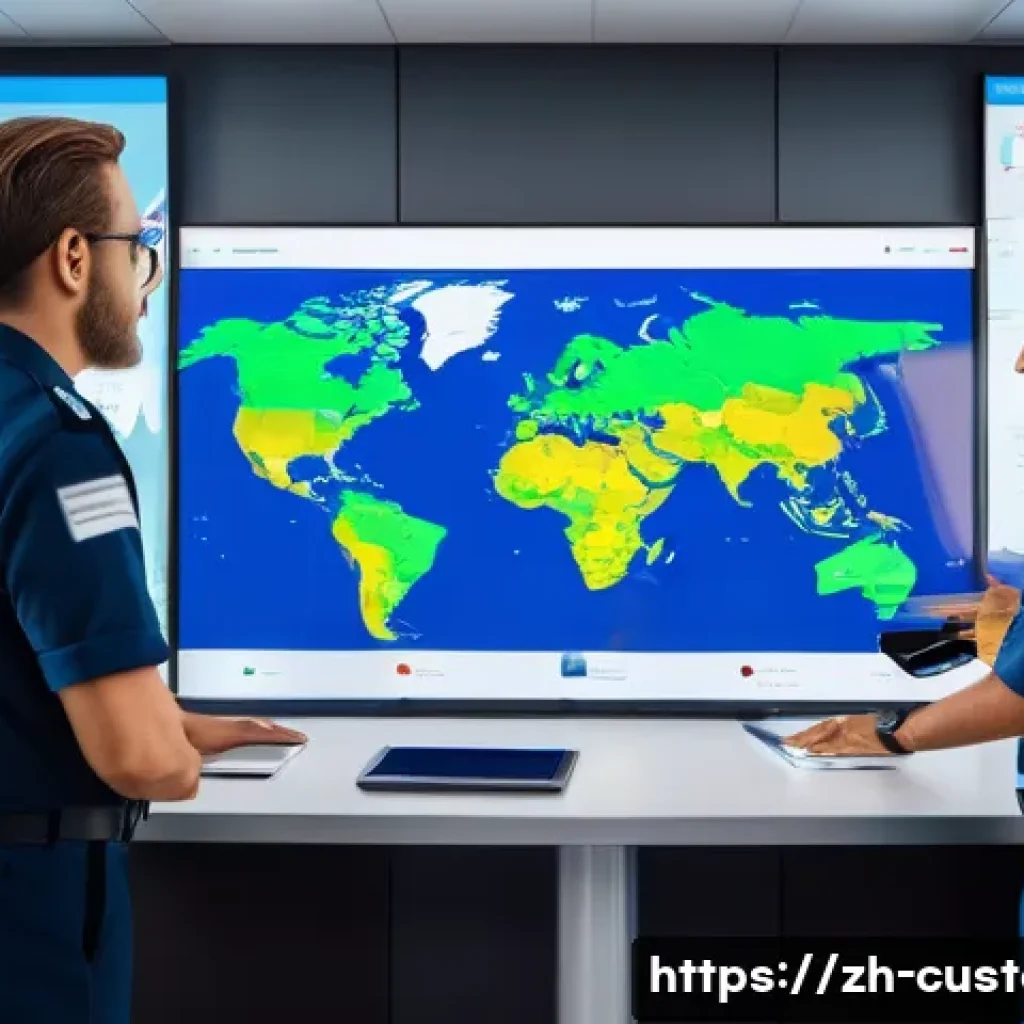 관세사와 외국 세관 협력 사례 - A modern customs office scene showing diverse customs officers and tariff specialists from different...