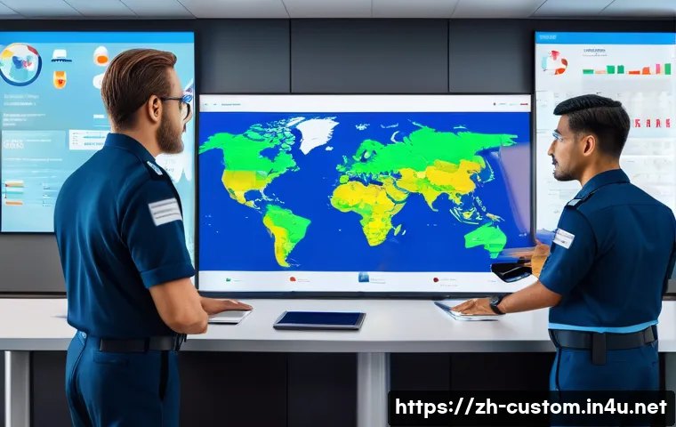 관세사와 외국 세관 협력 사례 - A modern customs office scene showing diverse customs officers and tariff specialists from different...