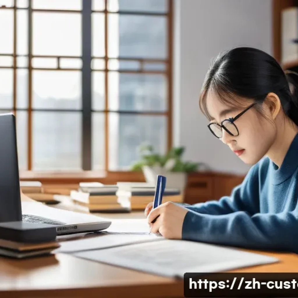 관세사 시험 합격률 변화 - A modern study environment featuring a focused young adult Chinese student preparing for the customs...