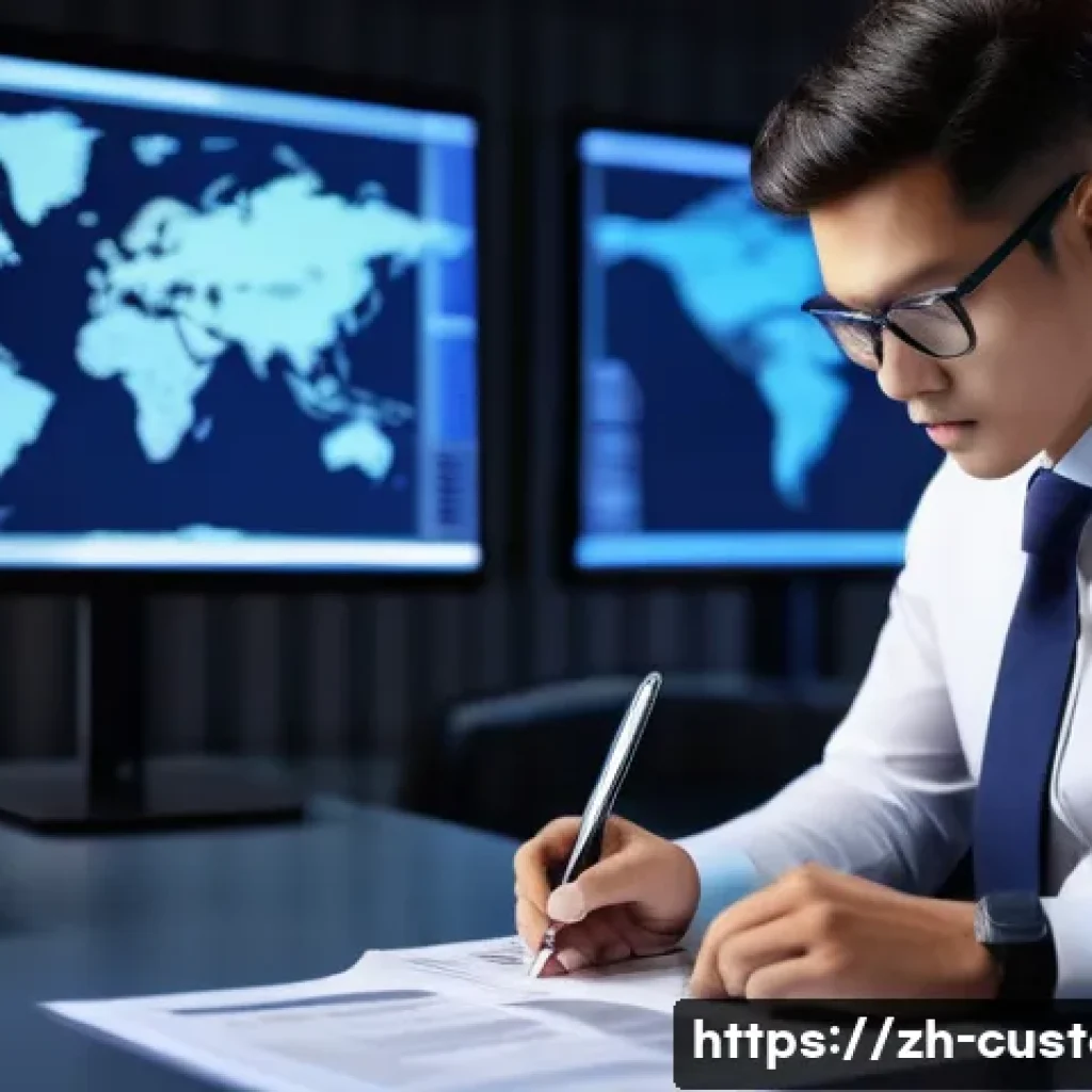 관세사 관련 직업군 소개 - A professional customs compliance officer in a modern office environment, meticulously reviewing imp...