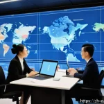 관세사와 글로벌 무역 트렌드 - A modern corporate office scene showcasing a diverse international team of business professionals an...