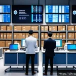관세사와 물류업체 협업 사례 - A modern customs clearance office scene in a bustling international logistics hub, showing diverse p...