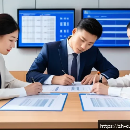 FTA 활용 신고서 작성법 - A modern office scene showing a diverse team of professionals collaboratively working on FTA declara...