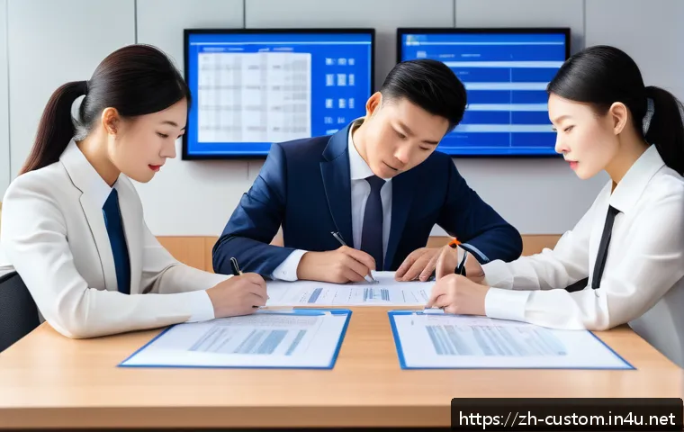 FTA 활용 신고서 작성법 - A modern office scene showing a diverse team of professionals collaboratively working on FTA declara...