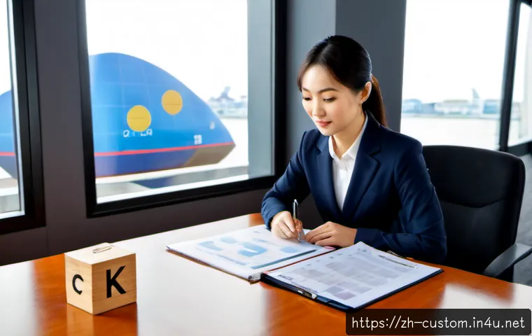 관세사 커리어 패스 설계 - Photorealistic career planning scene for a customs broker: a confident East Asian professional in sm...